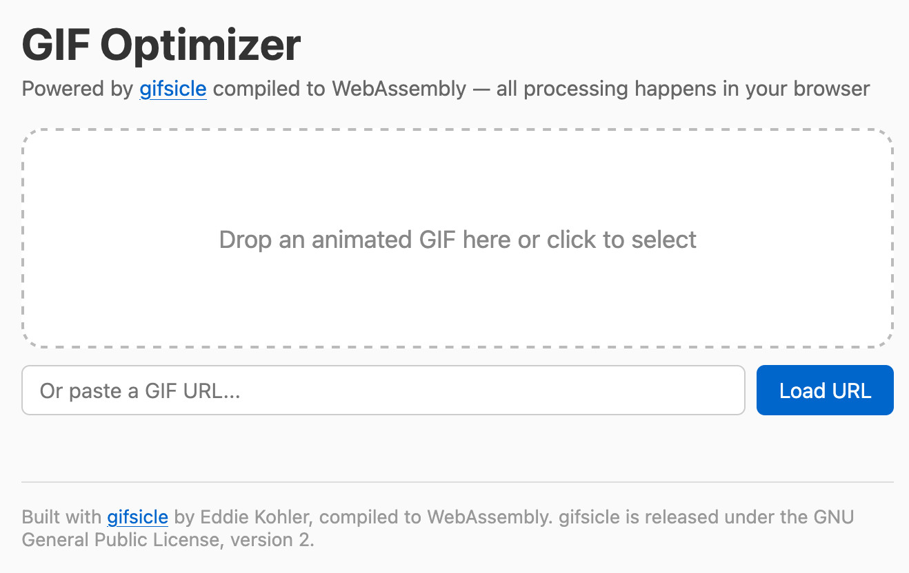 GIF Optimizer 桌面界面截图：包含拖拽上传区、URL 输入框与页脚说明