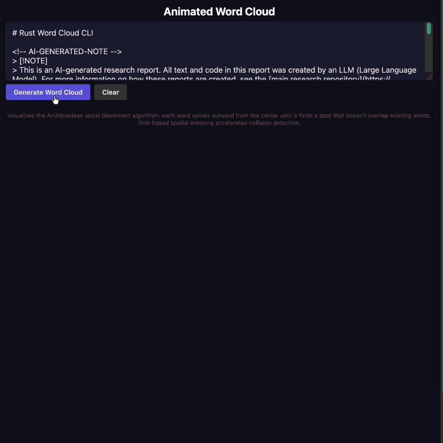 词云动画演示：单词逐个出现，放置框不断尝试位置，若与已有词重叠则继续寻找位置