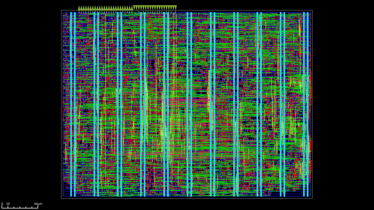 为 IHP 130nm 节点设计的第二代 Systolic Array 版图,使用 sg13g2 PDK。它占用 126,685 µm² 的裸片面积,目标典型工作电压为 25°C 下 1.2V。该设计有两条时钟树,一条给 MAC,一条给 JTAG TAP。MAC 时钟目标最高工作频率 100 MHz,但当前输出 GPIO 频率实验建议最高 75 MHz,JTAG 为 2 MHz。