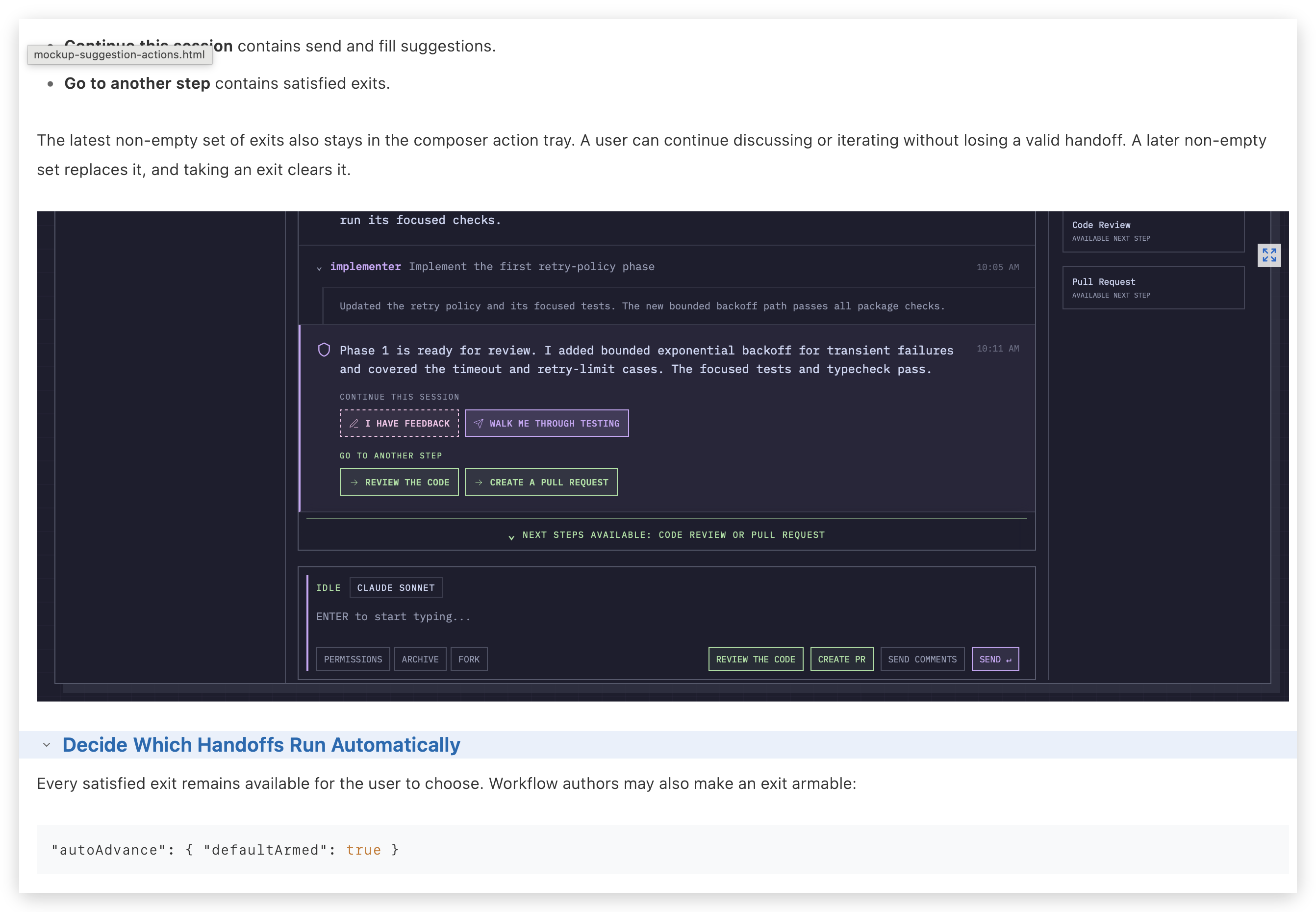 HTML 模型:智能体停下时聊天内的交接建议